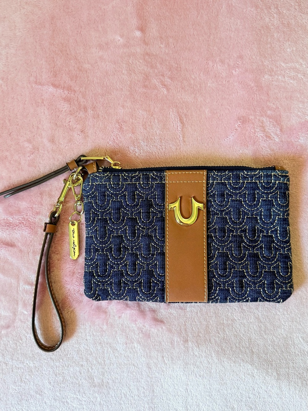 True Religion Navy Denim & Tan Wristlet Clutch with Gold Hardware
